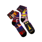 All-over print crew socks with abstract Tribal Wave art, deep purple, red, orange, and yellow, pair side view.
