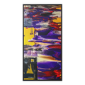 A front view of "Tribal Wave" Abstract Mesa Wall Décor by Freebrd on a 30x60, 1.25 inch thick canvas showcasing yellow, red, burgundy, black, purple and grey colors with black and white geometric tribal accents encased in a black certified wood frame.