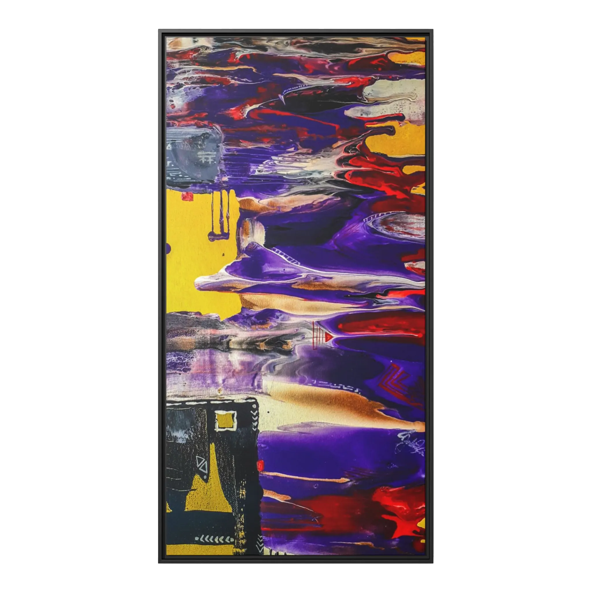 A front view of "Tribal Wave" Abstract Mesa Wall Décor by Freebrd on a 30x60, 1.25 inch thick canvas showcasing yellow, red, burgundy, black, purple and grey colors with black and white geometric tribal accents encased in a black certified wood frame.