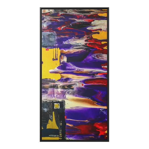 A front view of "Tribal Wave" Abstract Mesa Wall Décor by Freebrd on a 30x60, 1.25 inch thick canvas showcasing yellow, red, burgundy, black, purple and grey colors with black and white geometric tribal accents encased in a black certified wood frame.