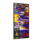 A side view of "Tribal Wave" Abstract Mesa Wall Décor by Freebrd on a 30x60, 1.25 inch thick canvas showcasing yellow, red, burgundy, black, purple and grey colors with black and white geometric tribal accents encased in a black certified wood frame.