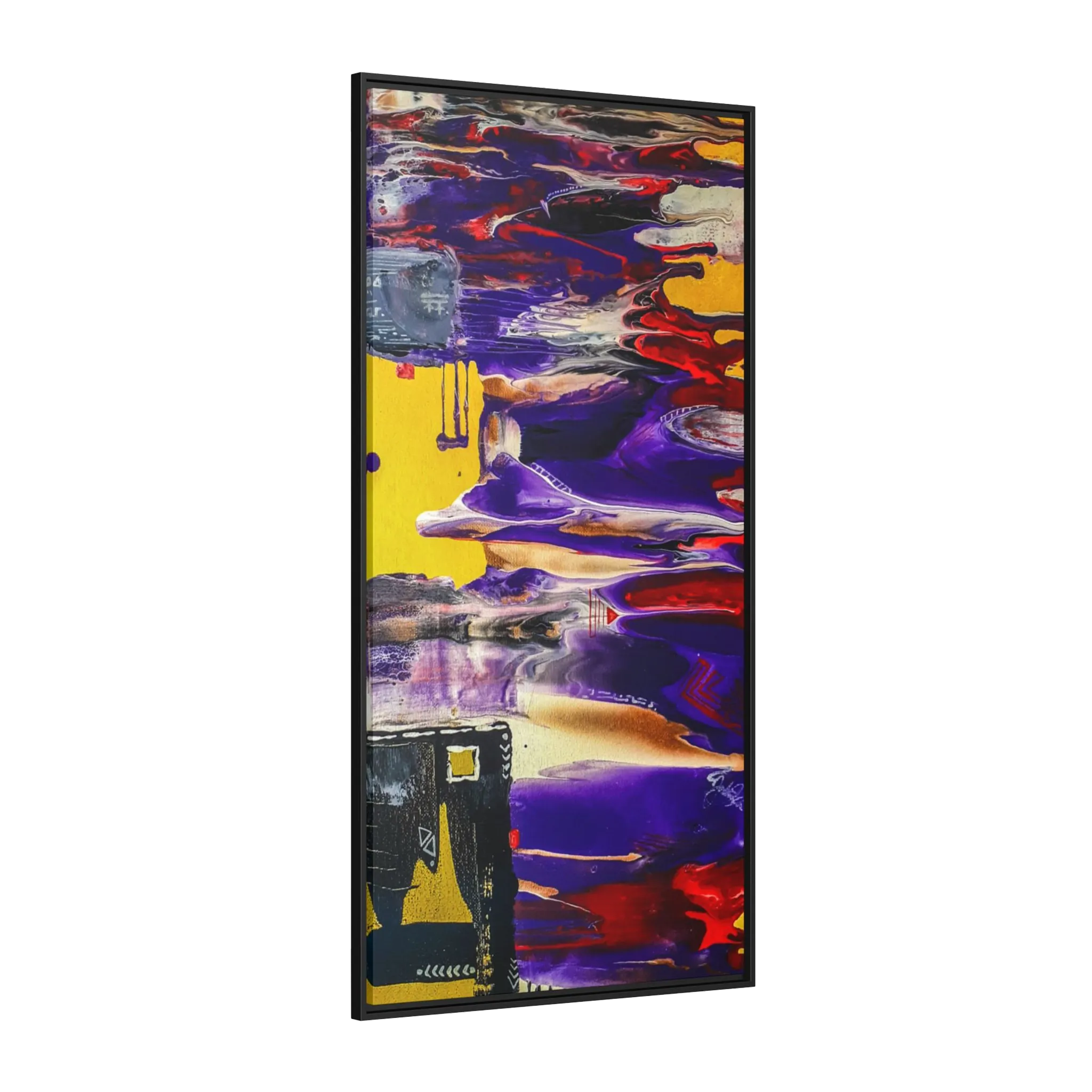 A side view of "Tribal Wave" Abstract Mesa Wall Décor by Freebrd on a 30x60, 1.25 inch thick canvas showcasing yellow, red, burgundy, black, purple and grey colors with black and white geometric tribal accents encased in a black certified wood frame.