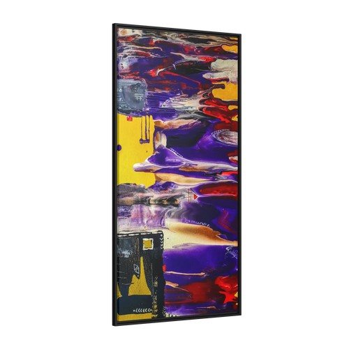 A side view of "Tribal Wave" Abstract Mesa Wall Décor by Freebrd on a 30x60, 1.25 inch thick canvas showcasing yellow, red, burgundy, black, purple and grey colors with black and white geometric tribal accents encased in a black certified wood frame.