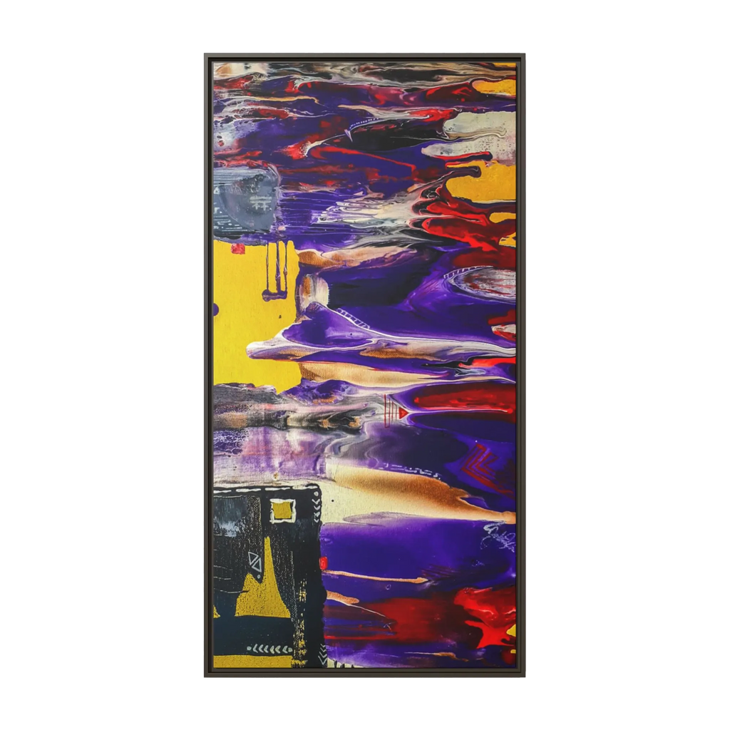 A front View of "Tribal Wave" Abstract Mesa Wall Décor by Freebrd on a 30x60, 1.25 inch thick canvas showcasing yellow, red, burgundy, black, purple and grey colors with black and white geometric tribal accents encased in an espresso certified wood frame.