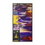 A front View of "Tribal Wave" Abstract Mesa Wall Décor by Freebrd on a 30x60, 1.25 inch thick canvas showcasing yellow, red, burgundy, black, purple and grey colors with black and white geometric tribal accents encased in an espresso certified wood frame.