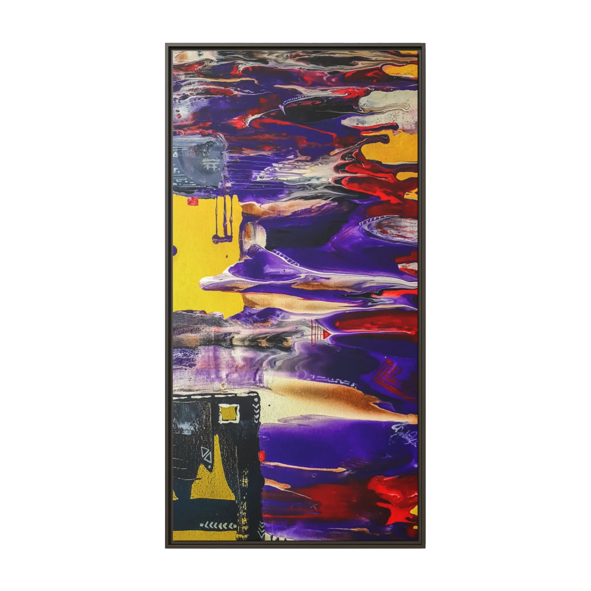 A front View of "Tribal Wave" Abstract Mesa Wall Décor by Freebrd on a 30x60, 1.25 inch thick canvas showcasing yellow, red, burgundy, black, purple and grey colors with black and white geometric tribal accents encased in an espresso certified wood frame.