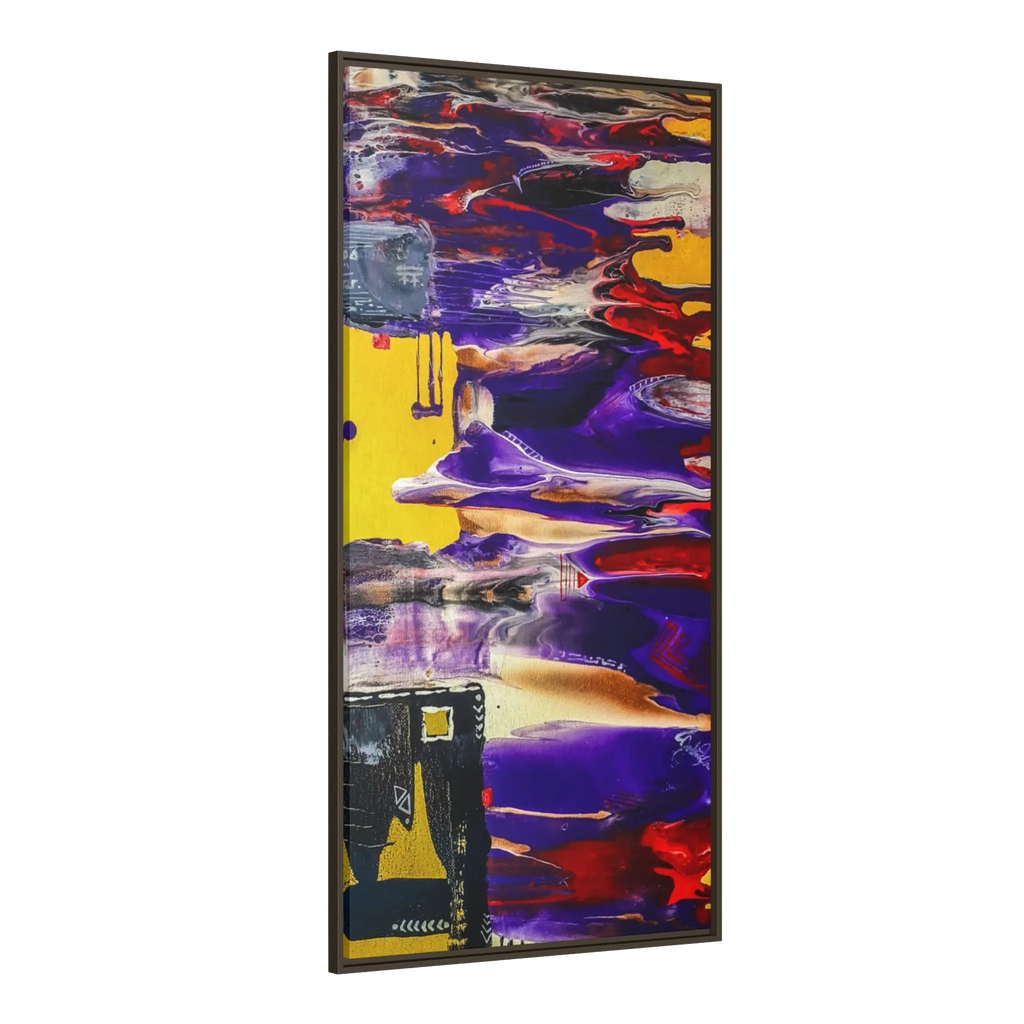 A side View of "Tribal Wave" Abstract Mesa Wall Décor by Freebrd on a 30x60, 1.25 inch thick canvas showcasing yellow, red, burgundy, black, purple and grey colors with black and white geometric tribal accents encased in an espresso certified wood frame.