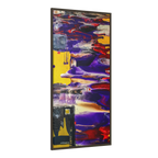 A side View of "Tribal Wave" Abstract Mesa Wall Décor by Freebrd on a 30x60, 1.25 inch thick canvas showcasing yellow, red, burgundy, black, purple and grey colors with black and white geometric tribal accents encased in an espresso certified wood frame.