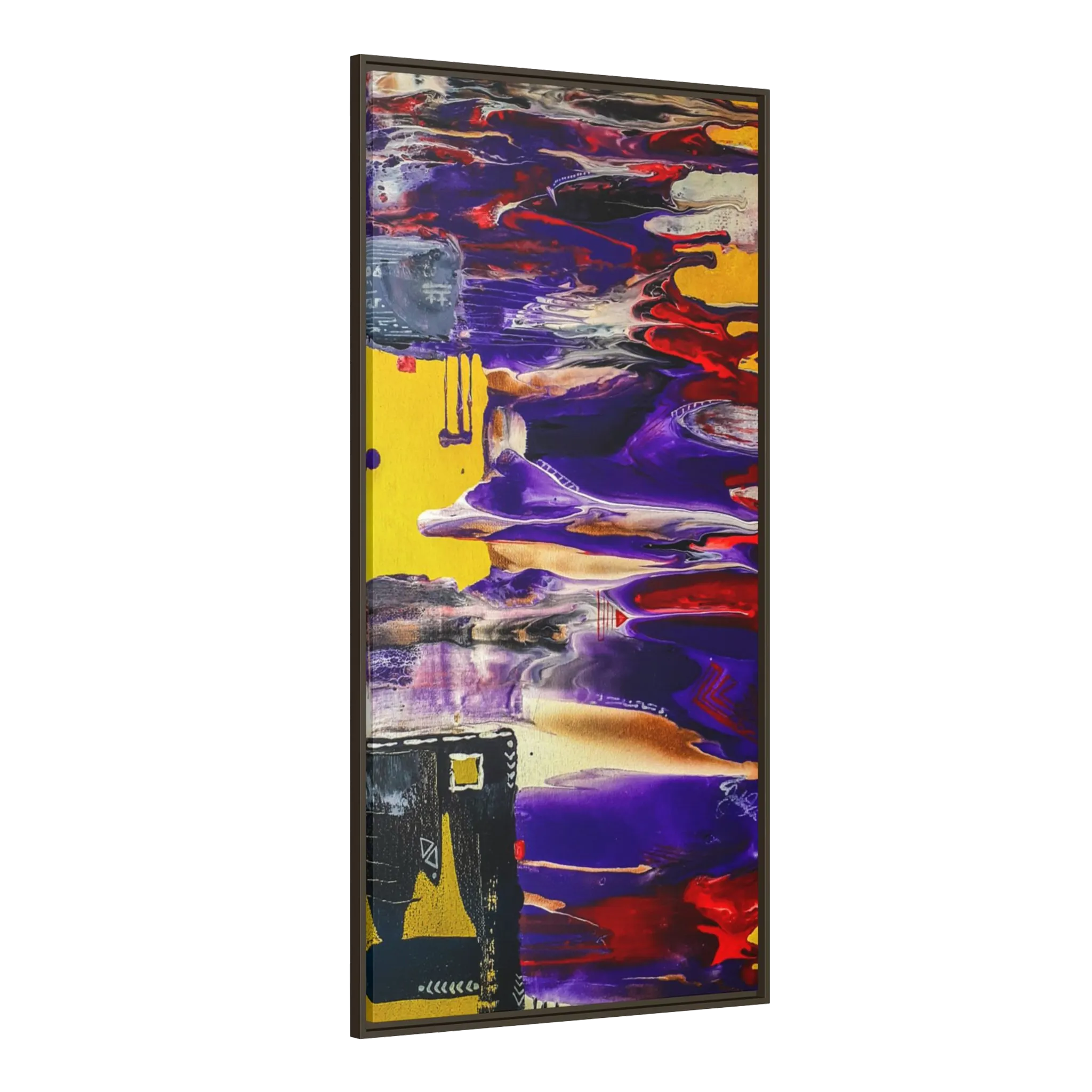 A side View of "Tribal Wave" Abstract Mesa Wall Décor by Freebrd on a 30x60, 1.25 inch thick canvas showcasing yellow, red, burgundy, black, purple and grey colors with black and white geometric tribal accents encased in an espresso certified wood frame.