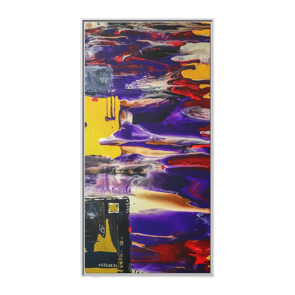 A front view of "Tribal Wave" Abstract Mesa Wall Décor by Freebrd on a 30x60, 1.25 inch thick canvas showcasing yellow, red, burgundy, black, purple and grey colors with black and white geometric tribal accents encased in a white certified wood frame.
