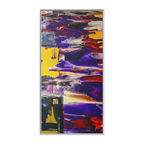 A front view of "Tribal Wave" Abstract Mesa Wall Décor by Freebrd on a 30x60, 1.25 inch thick canvas showcasing yellow, red, burgundy, black, purple and grey colors with black and white geometric tribal accents encased in a white certified wood frame.
