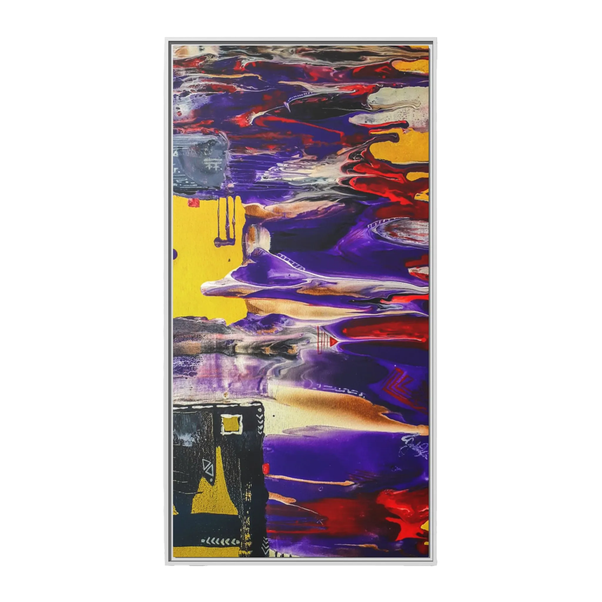 A front view of "Tribal Wave" Abstract Mesa Wall Décor by Freebrd on a 30x60, 1.25 inch thick canvas showcasing yellow, red, burgundy, black, purple and grey colors with black and white geometric tribal accents encased in a white certified wood frame.
