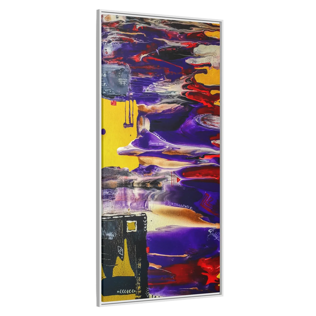 A side View of "Tribal Wave" Abstract Mesa Wall Décor by Freebrd on a 30x60, 1.25 inch thick canvas showcasing yellow, red, burgundy, black, purple and grey colors with black and white geometric tribal accents encased in a white certified wood frame.