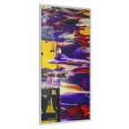 A side View of "Tribal Wave" Abstract Mesa Wall Décor by Freebrd on a 30x60, 1.25 inch thick canvas showcasing yellow, red, burgundy, black, purple and grey colors with black and white geometric tribal accents encased in a white certified wood frame.
