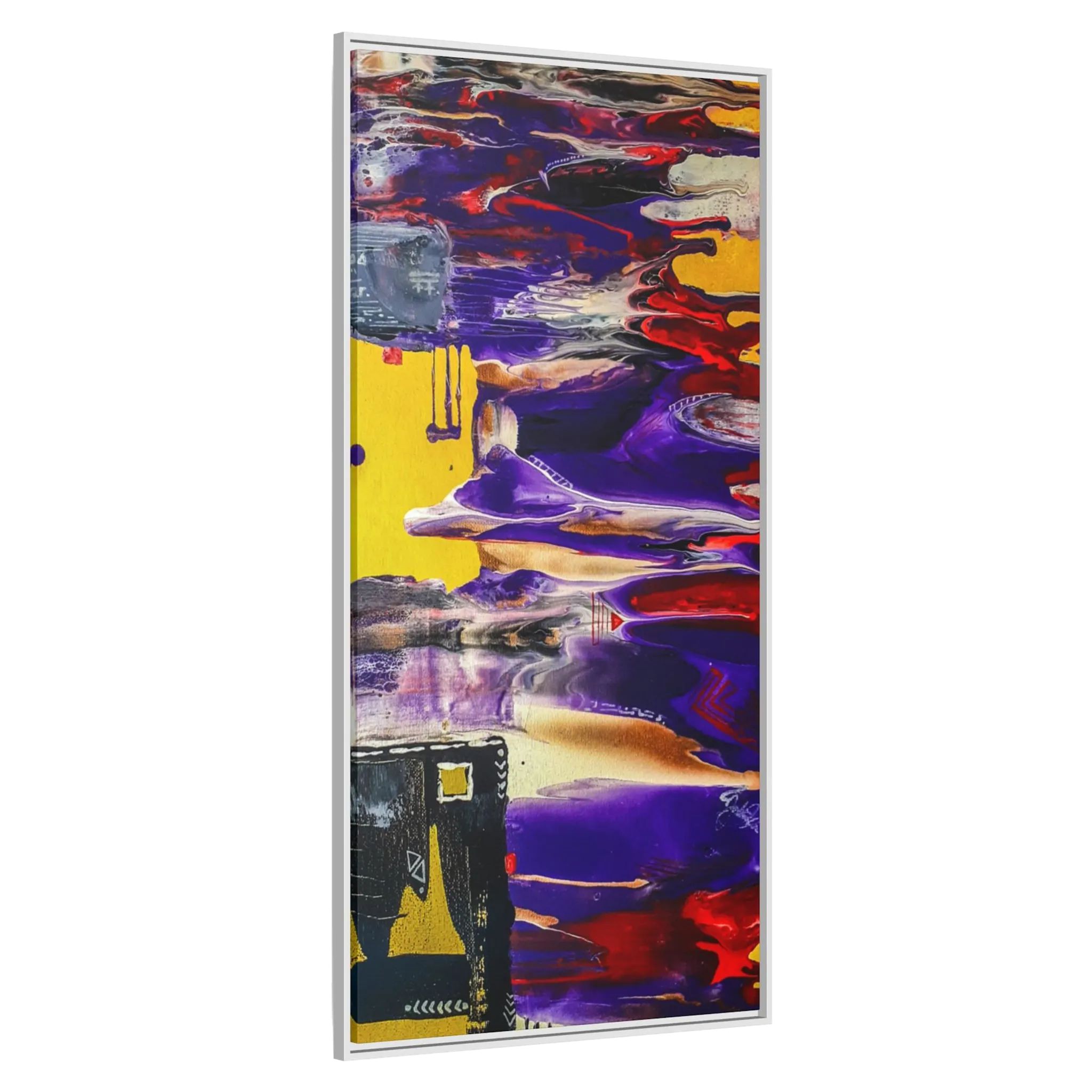 A side View of "Tribal Wave" Abstract Mesa Wall Décor by Freebrd on a 30x60, 1.25 inch thick canvas showcasing yellow, red, burgundy, black, purple and grey colors with black and white geometric tribal accents encased in a white certified wood frame.