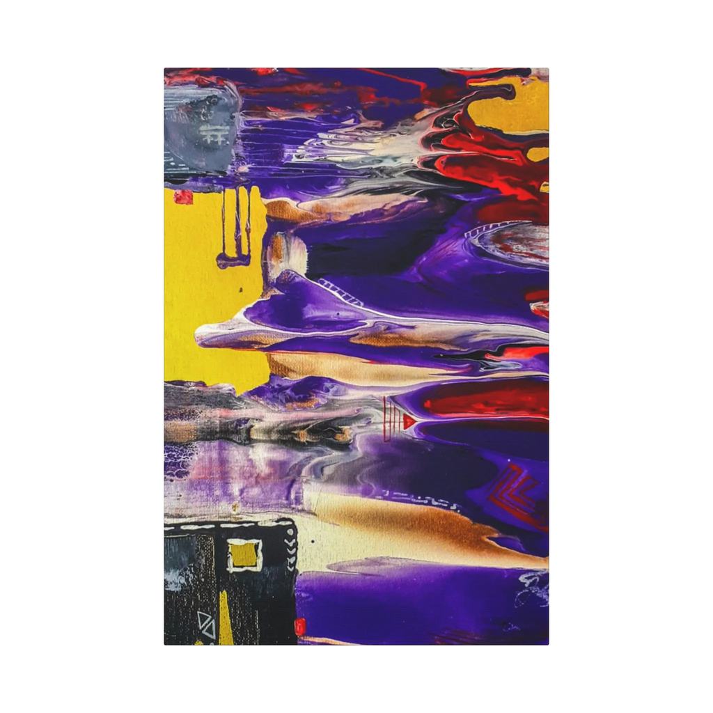 A front preview of the "Tribal Wave” abstract mesa wall décor by Freebrd on a 1.5 inch thick, 20x30 canvas showcasing yellow, red, burgundy, black, purple and grey acrylic poured colors with white and black acrylic geometric tribal painted accents.