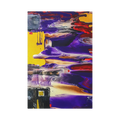 A front preview of the "Tribal Wave” abstract mesa wall décor by Freebrd on a 1.5 inch thick, 20x30 canvas showcasing yellow, red, burgundy, black, purple and grey acrylic poured colors with white and black acrylic geometric tribal painted accents.