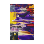 A front preview of the "Tribal Wave” abstract mesa wall décor by Freebrd on a 1.5 inch thick, 20x30 canvas showcasing yellow, red, burgundy, black, purple and grey acrylic poured colors with white and black acrylic geometric tribal painted accents.