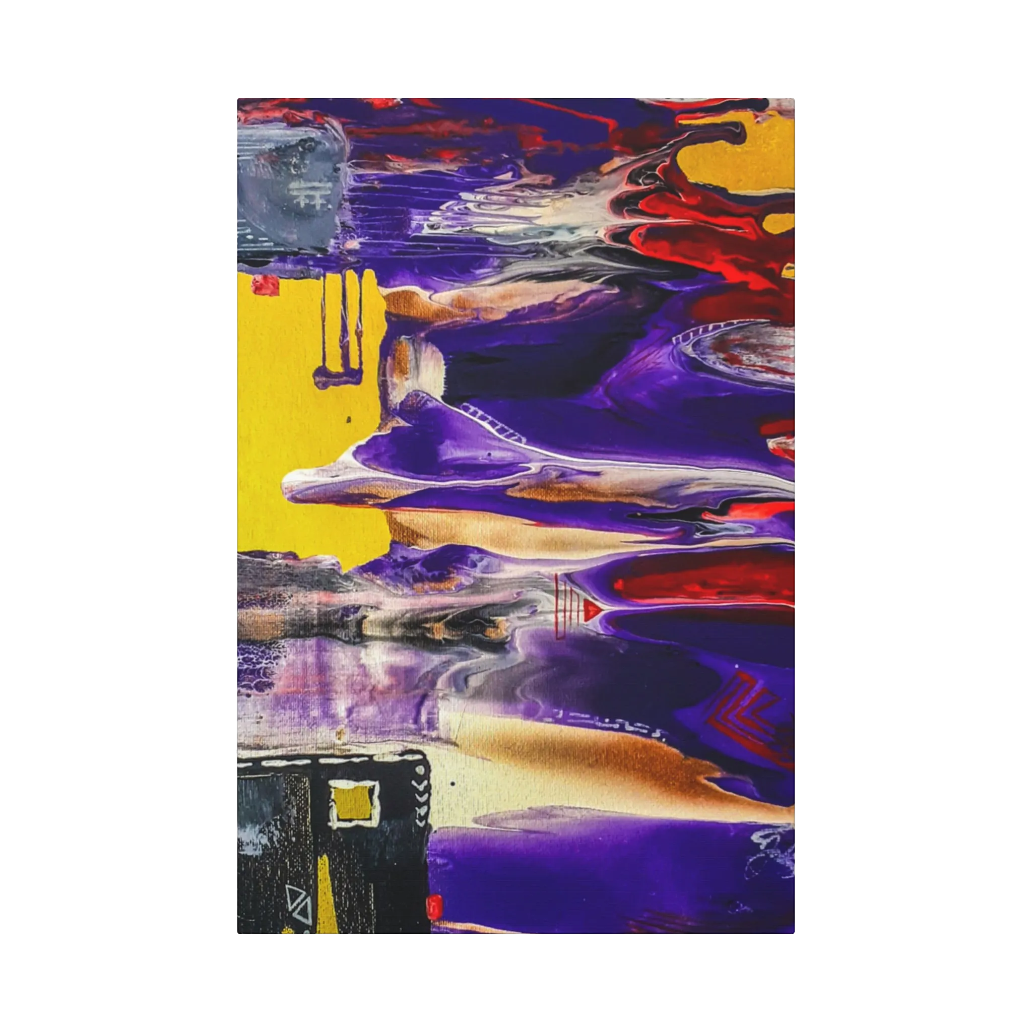 A front preview of the "Tribal Wave” abstract mesa wall décor by Freebrd on a 1.5 inch thick, 20x30 canvas showcasing yellow, red, burgundy, black, purple and grey acrylic poured colors with white and black acrylic geometric tribal painted accents.