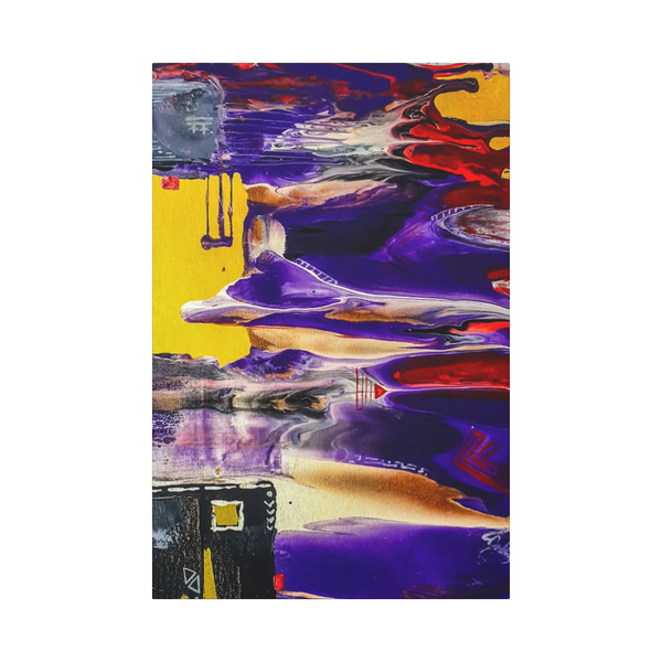 A front preview of the "Tribal Wave” abstract mesa wall décor by Freebrd on a 1.5 inch thick, 20x30 canvas showcasing yellow, red, burgundy, black, purple and grey acrylic poured colors with white and black acrylic geometric tribal painted accents.