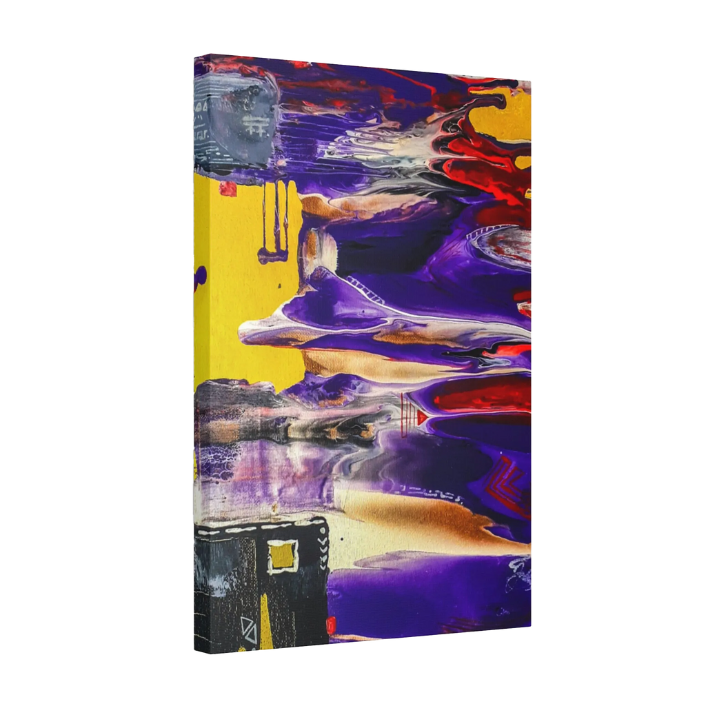A side preview of the "Tribal Wave” abstract mesa wall décor by Freebrd on a 1.5 inch thick, 20x30 canvas showcasing yellow, red, burgundy, black, purple and grey acrylic poured colors with white and black acrylic geometric tribal painted accents.