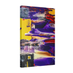 A side preview of the "Tribal Wave” abstract mesa wall décor by Freebrd on a 1.5 inch thick, 20x30 canvas showcasing yellow, red, burgundy, black, purple and grey acrylic poured colors with white and black acrylic geometric tribal painted accents.