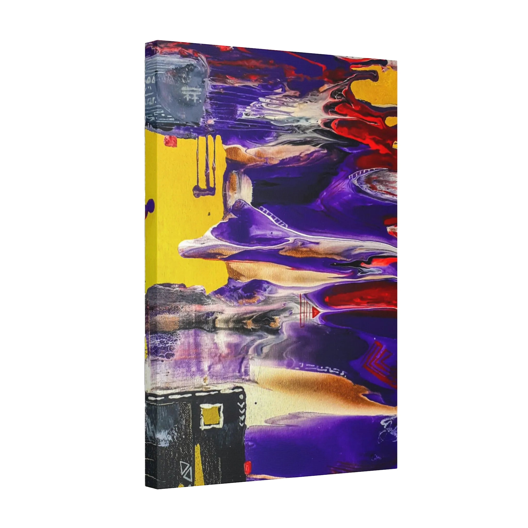 A side preview of the "Tribal Wave” abstract mesa wall décor by Freebrd on a 1.5 inch thick, 20x30 canvas showcasing yellow, red, burgundy, black, purple and grey acrylic poured colors with white and black acrylic geometric tribal painted accents.