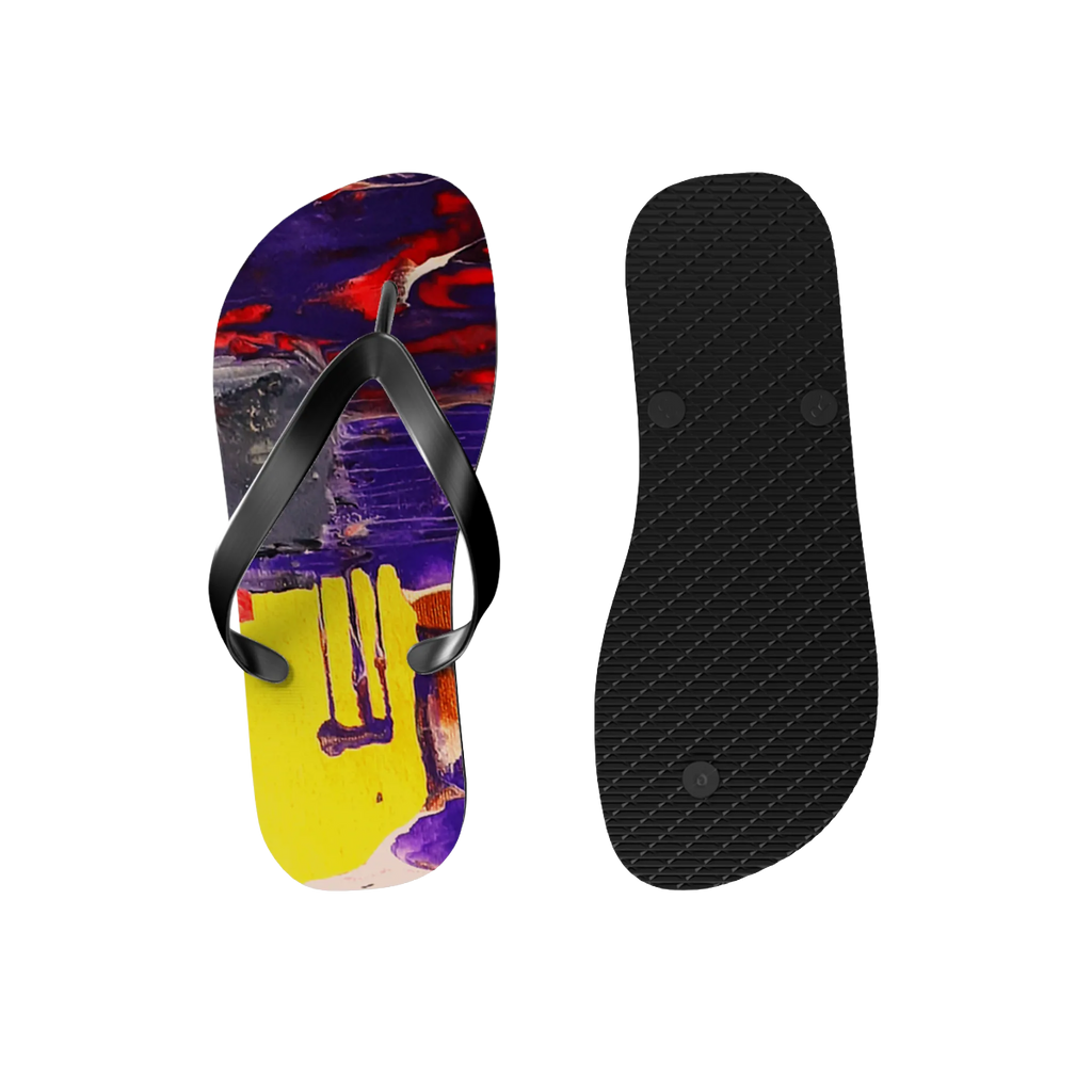 Tribal Wave wearable art flip flops, abstract print top view and black EVA slip-resistant sole bottom view.