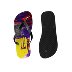 Tribal Wave wearable art flip flops, abstract print top view and black EVA slip-resistant sole bottom view.