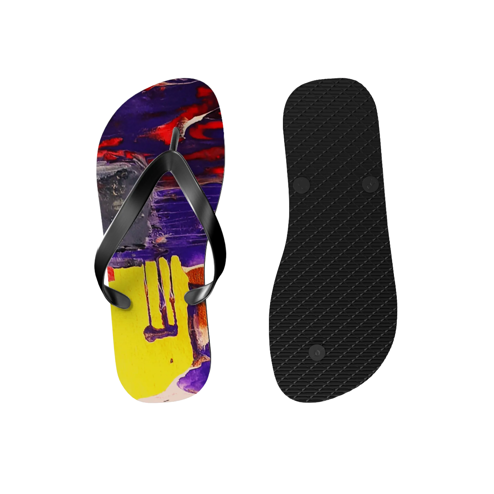 Tribal Wave wearable art flip flops, abstract print top view and black EVA slip-resistant sole bottom view.