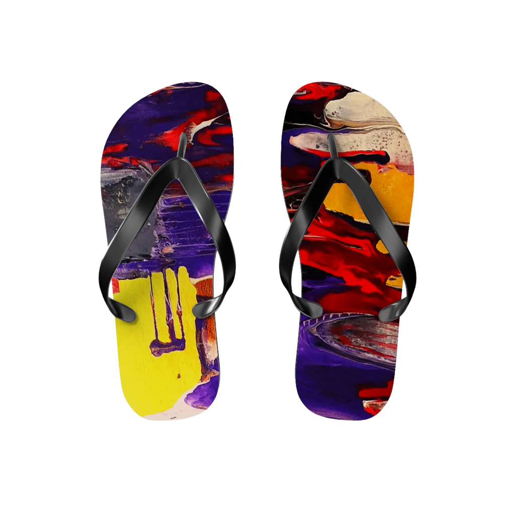 Tribal Wave wearable art flip flops, abstract print with deep purple, red, and yellow, pair top view, black strap.