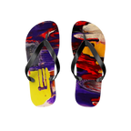 Tribal Wave wearable art flip flops, abstract print with deep purple, red, and yellow, pair top view, black strap.
