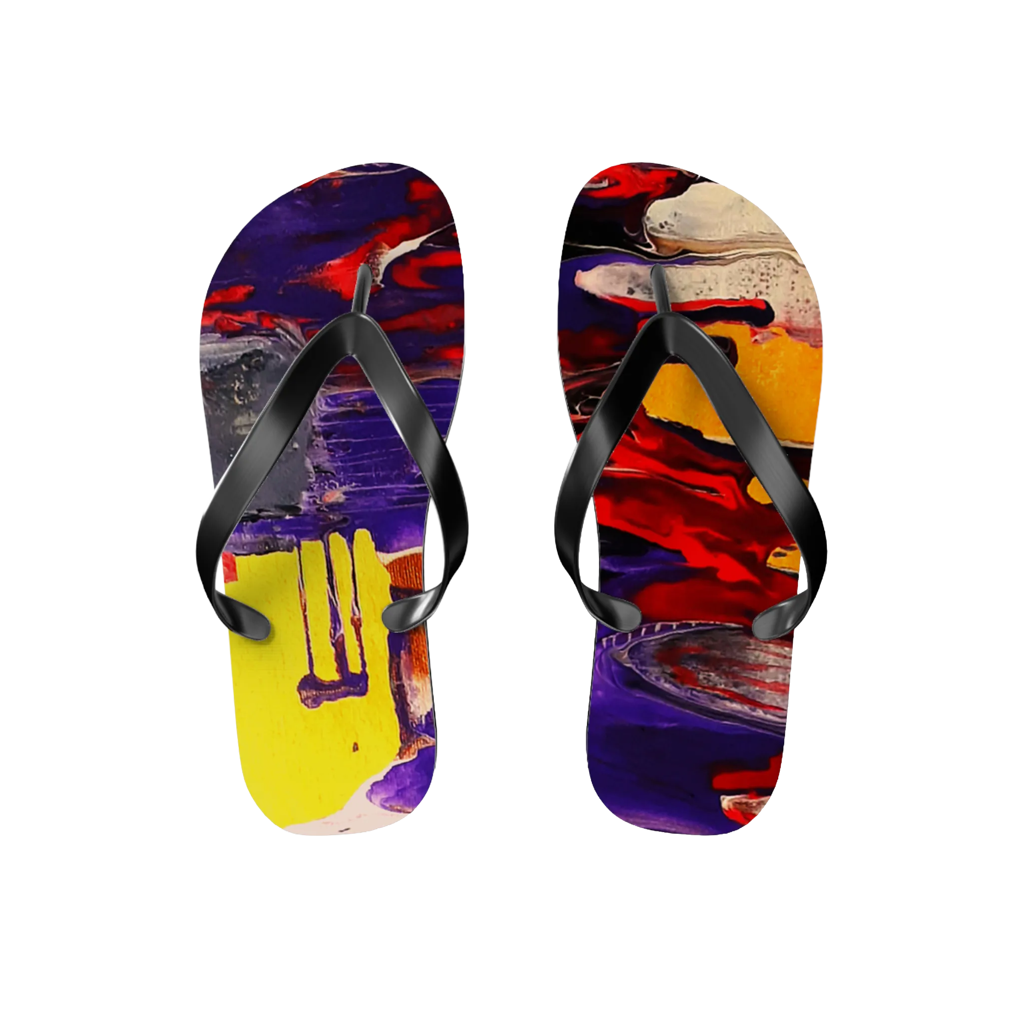 Tribal Wave wearable art flip flops, abstract print with deep purple, red, and yellow, pair top view, black strap.