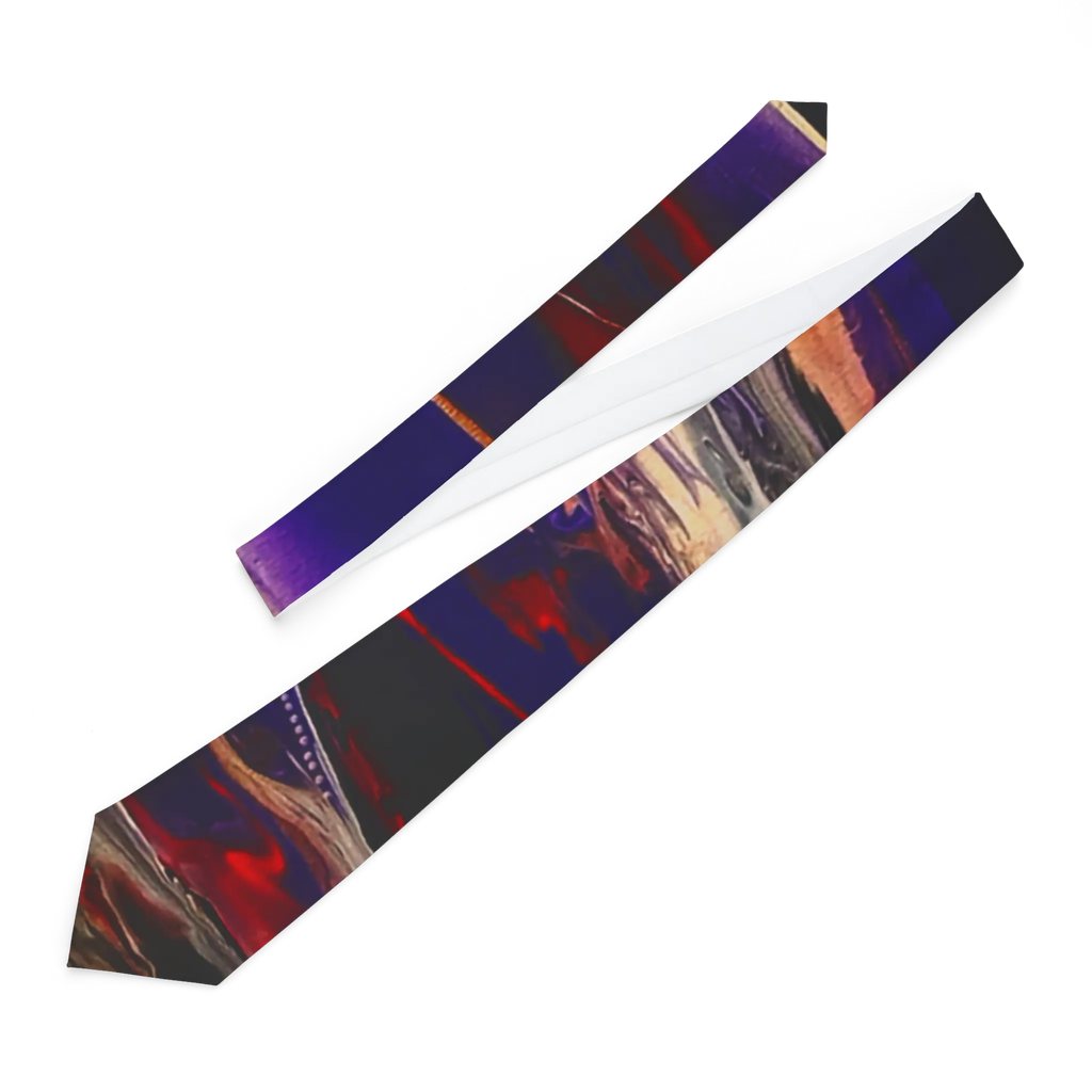 Tribal Wave wearable art necktie, abstract navy, red, charcoal and purple print, front angled view, white background.