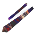 Tribal Wave wearable art necktie, abstract navy, red, charcoal and purple print, front angled view, white background.