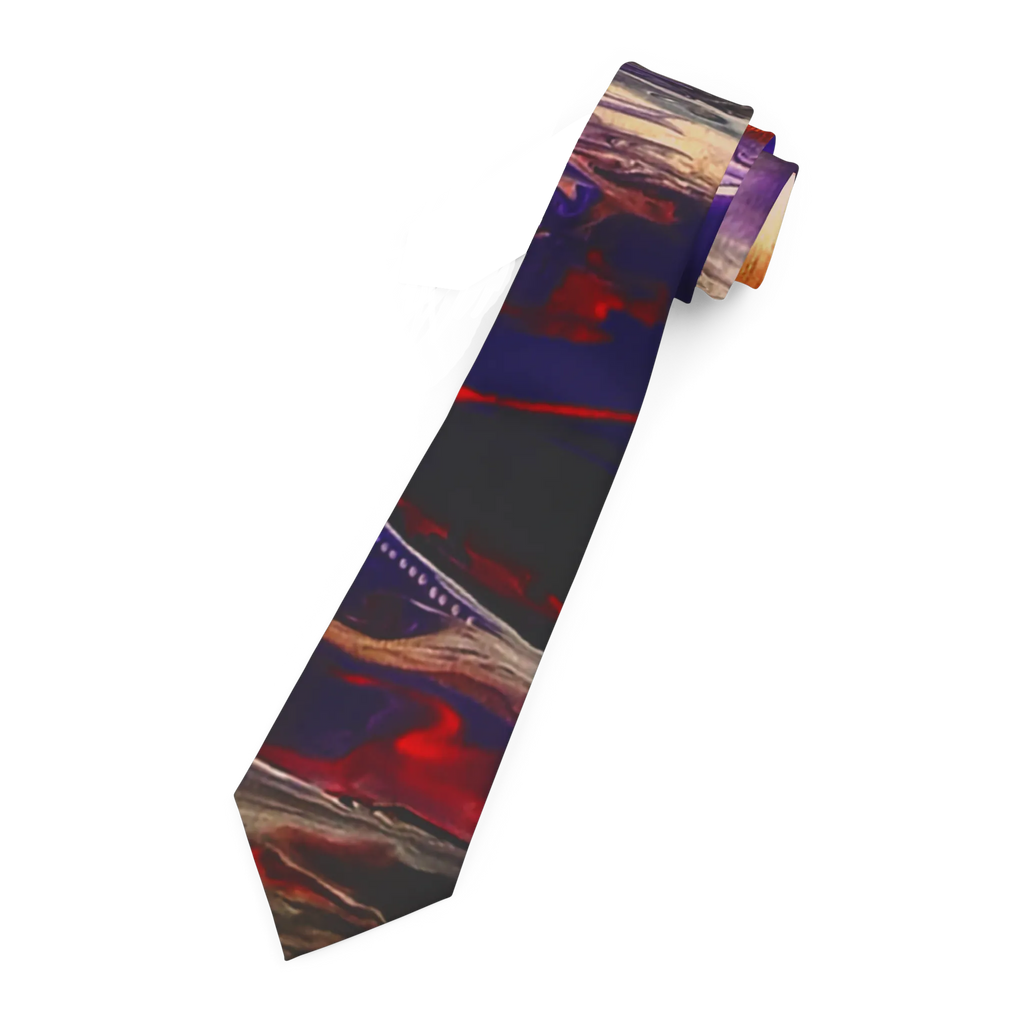 Tribal Wave wearable art necktie, abstract navy, red, charcoal and purple print, front angled view, white background.