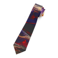 Tribal Wave wearable art necktie, abstract navy, red, charcoal and purple print, front angled view, white background.