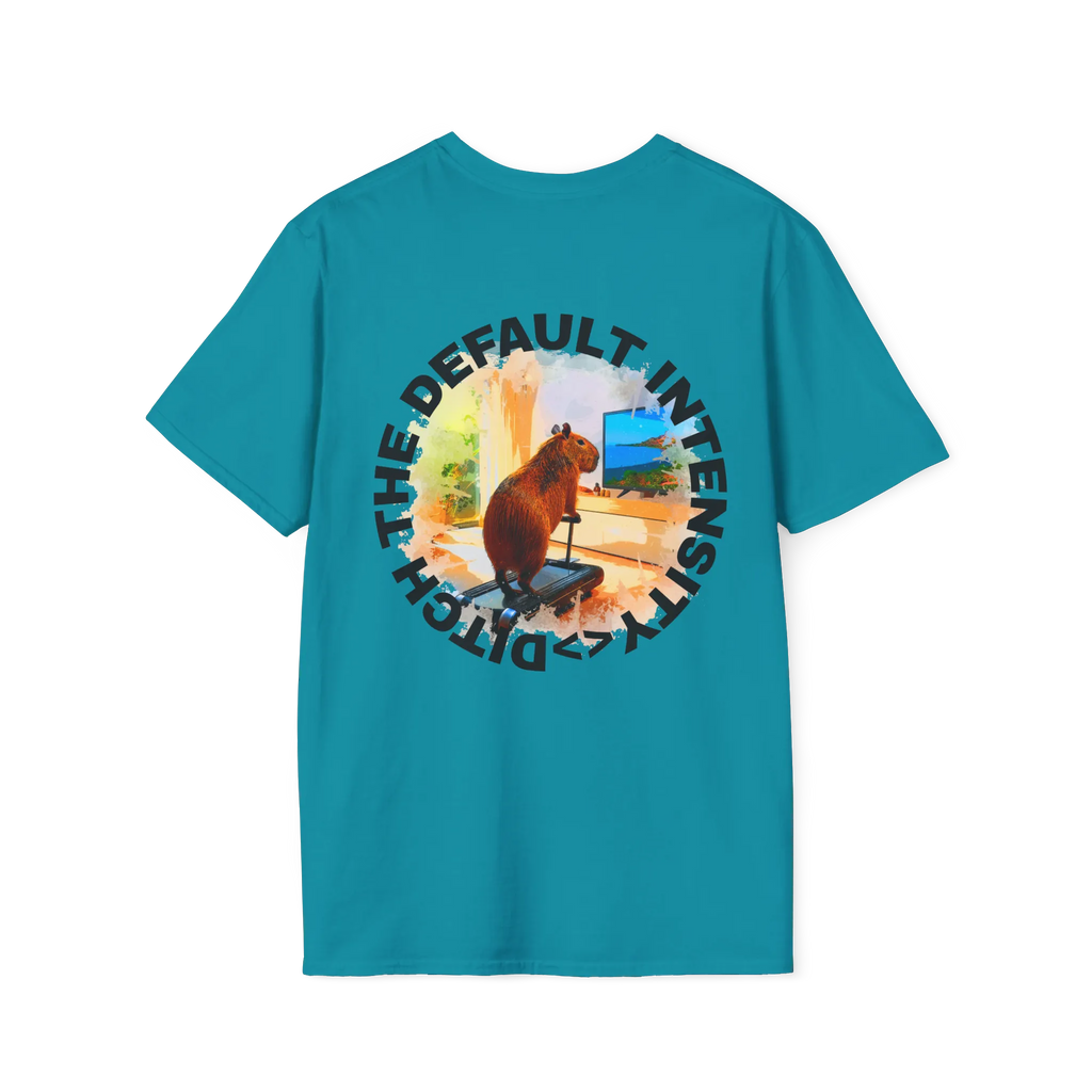 A tropical blue t-shirt featuring a capybara on a treadmill graphic with black Ditch The Default Intensity circular text on the back.
