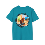 A tropical blue t-shirt featuring a capybara on a treadmill graphic with black Ditch The Default Intensity circular text on the back.