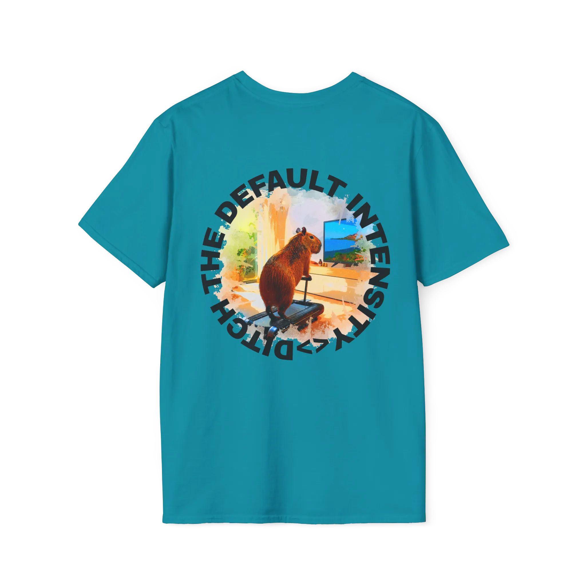A tropical blue t-shirt featuring a capybara on a treadmill graphic with black Ditch The Default Intensity circular text on the back.