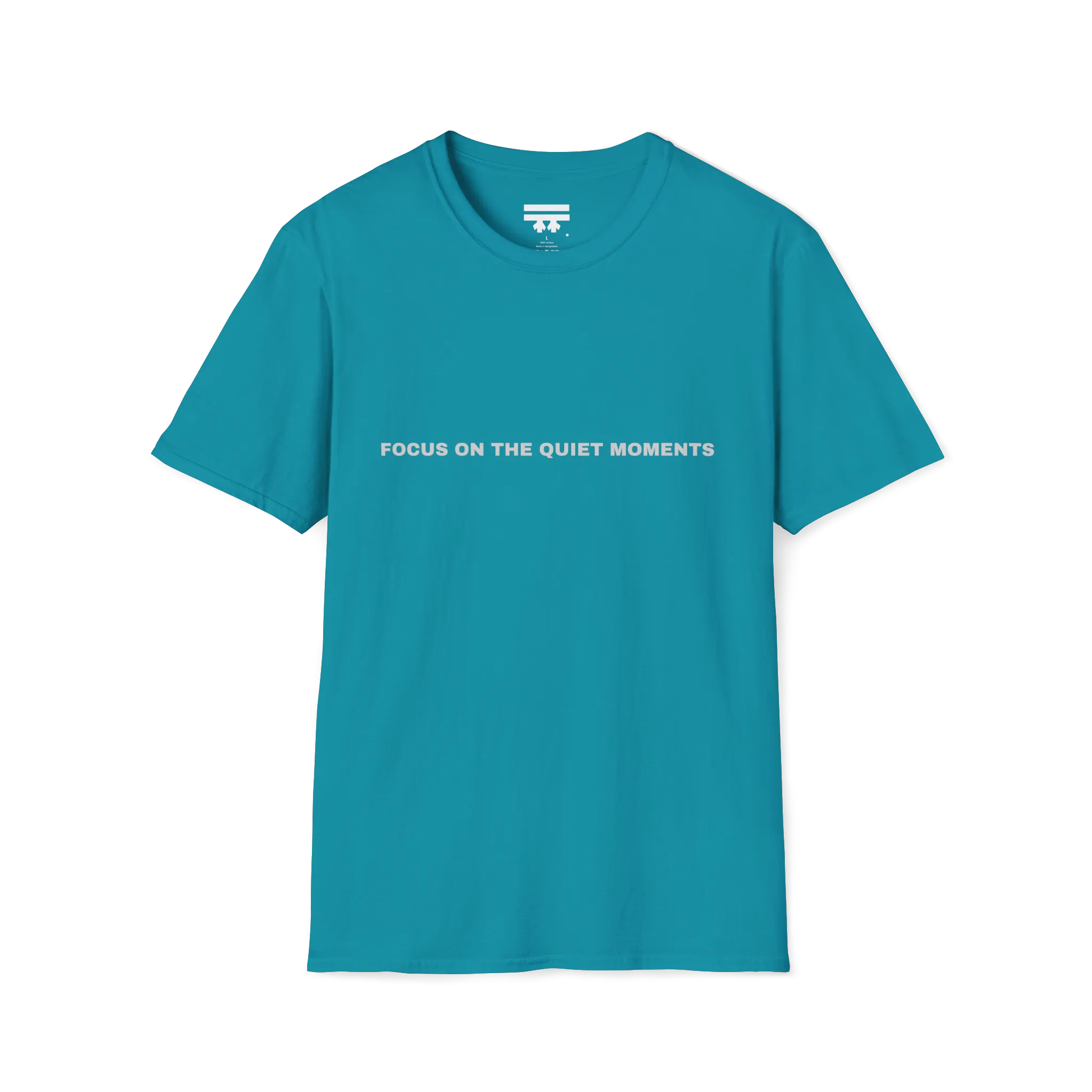 A tropical blue t-shirt with grey Focus On The Quiet Moments text on the chest.