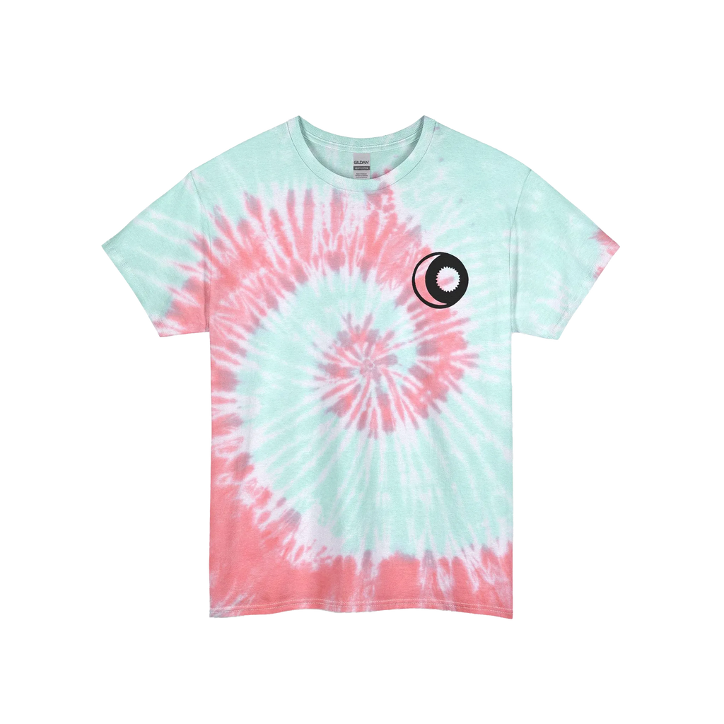 A tropical dream spiral tie-dye t-shirt with a teal base and purple, red and pink spiral pattern, featuring a sun and moon graphic on the front.