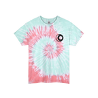 A tropical dream spiral tie-dye t-shirt with a teal base and purple, red and pink spiral pattern, featuring a sun and moon graphic on the front.