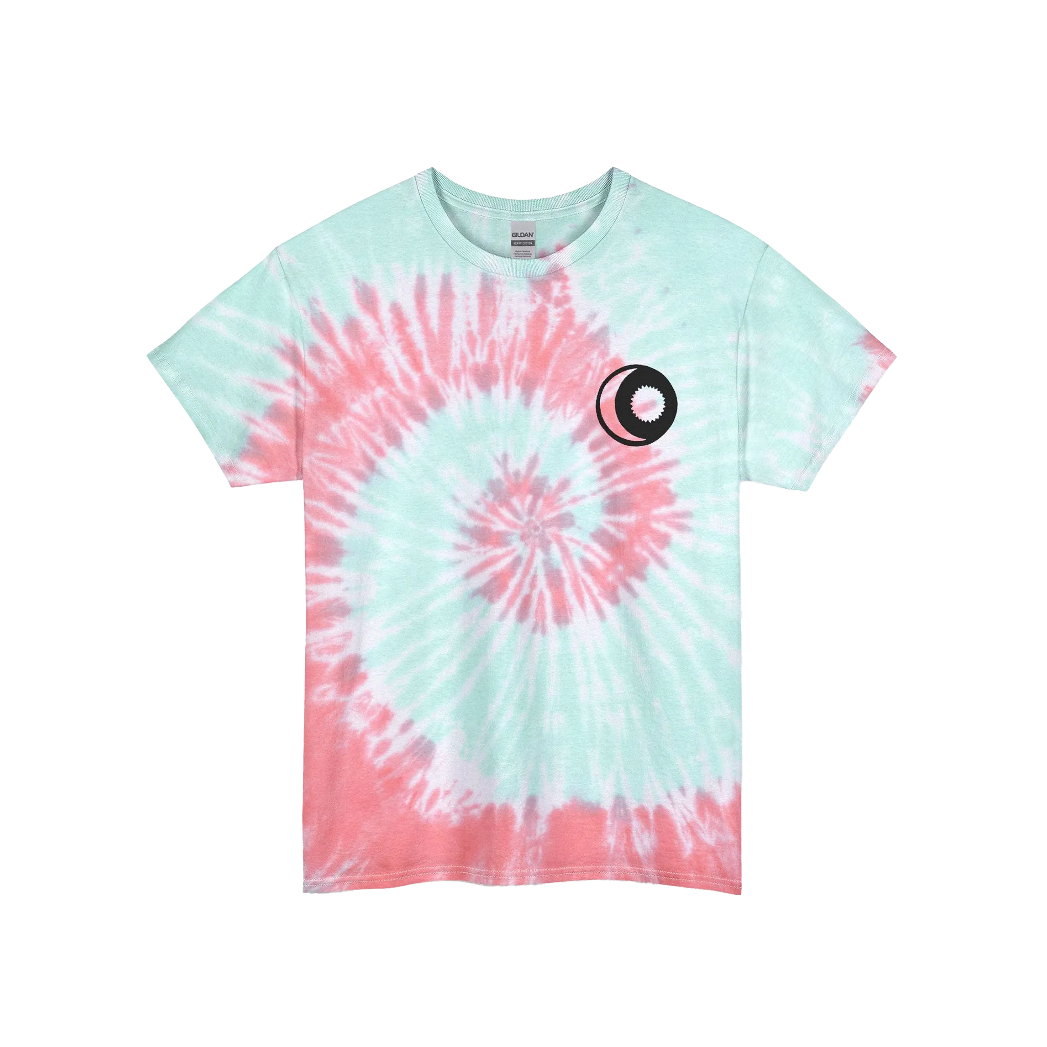 A tropical dream spiral tie-dye t-shirt with a teal base and purple, red and pink spiral pattern, featuring a sun and moon graphic on the front.