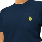 A person wearing the true navy clock it pocket t-shirt with a yellow Clock It Motif on front left chest pocket shown up close.