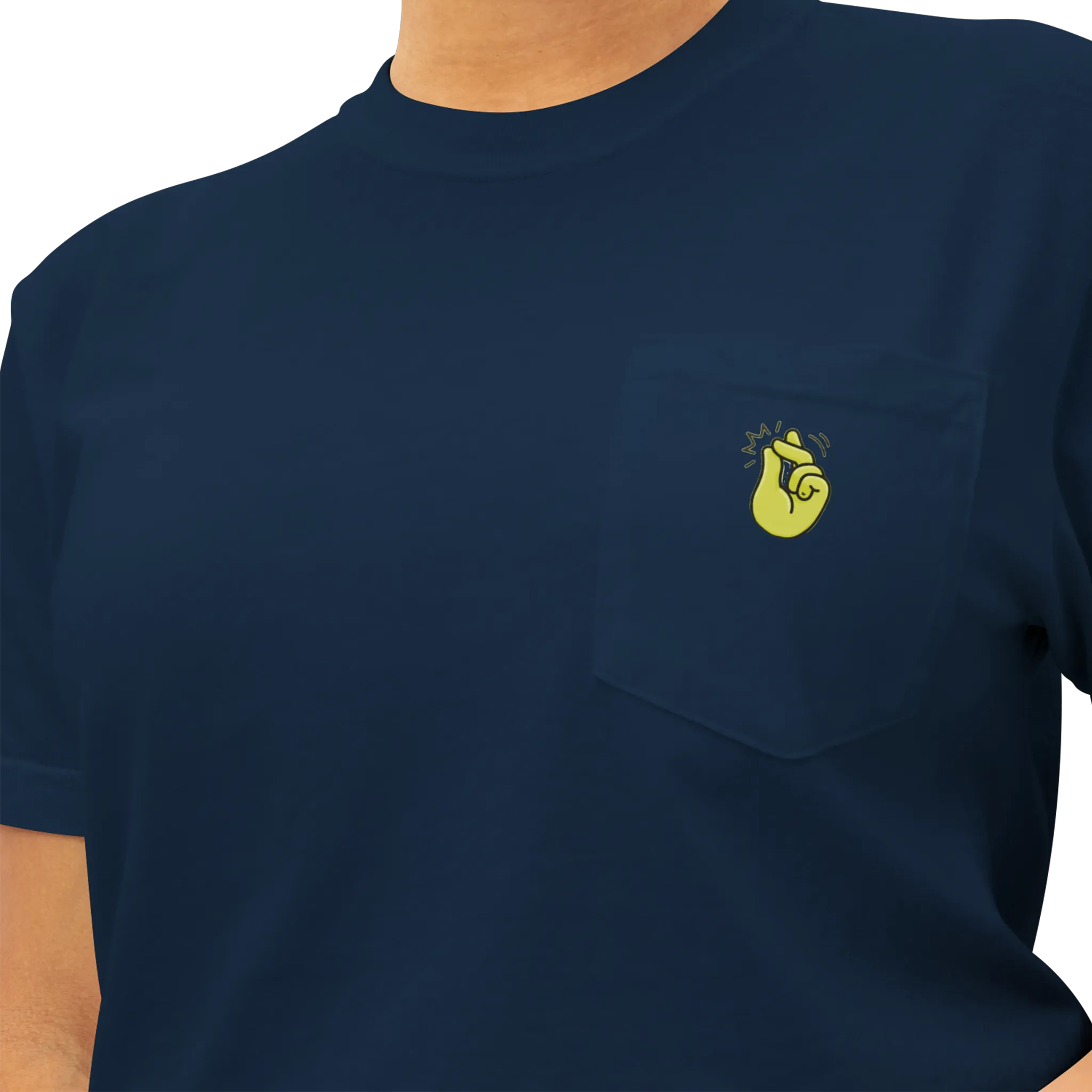 A person wearing the true navy clock it pocket t-shirt with a yellow Clock It Motif on front left chest pocket shown up close.