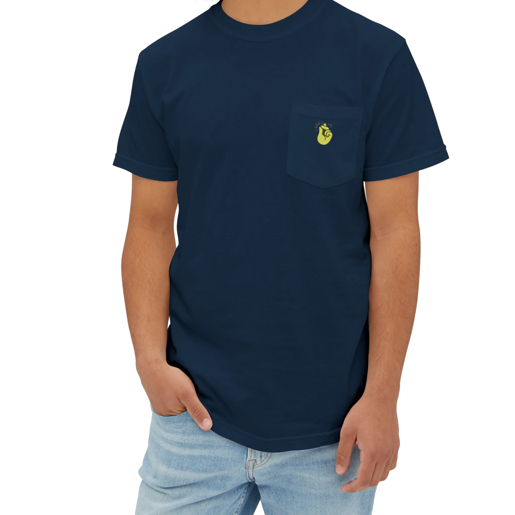 A person wearing the true navy clock it pocket t-shirt with a yellow Clock It Motif on front left chest pocket.
