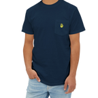 A person wearing the true navy clock it pocket t-shirt with a yellow Clock It Motif on front left chest pocket.