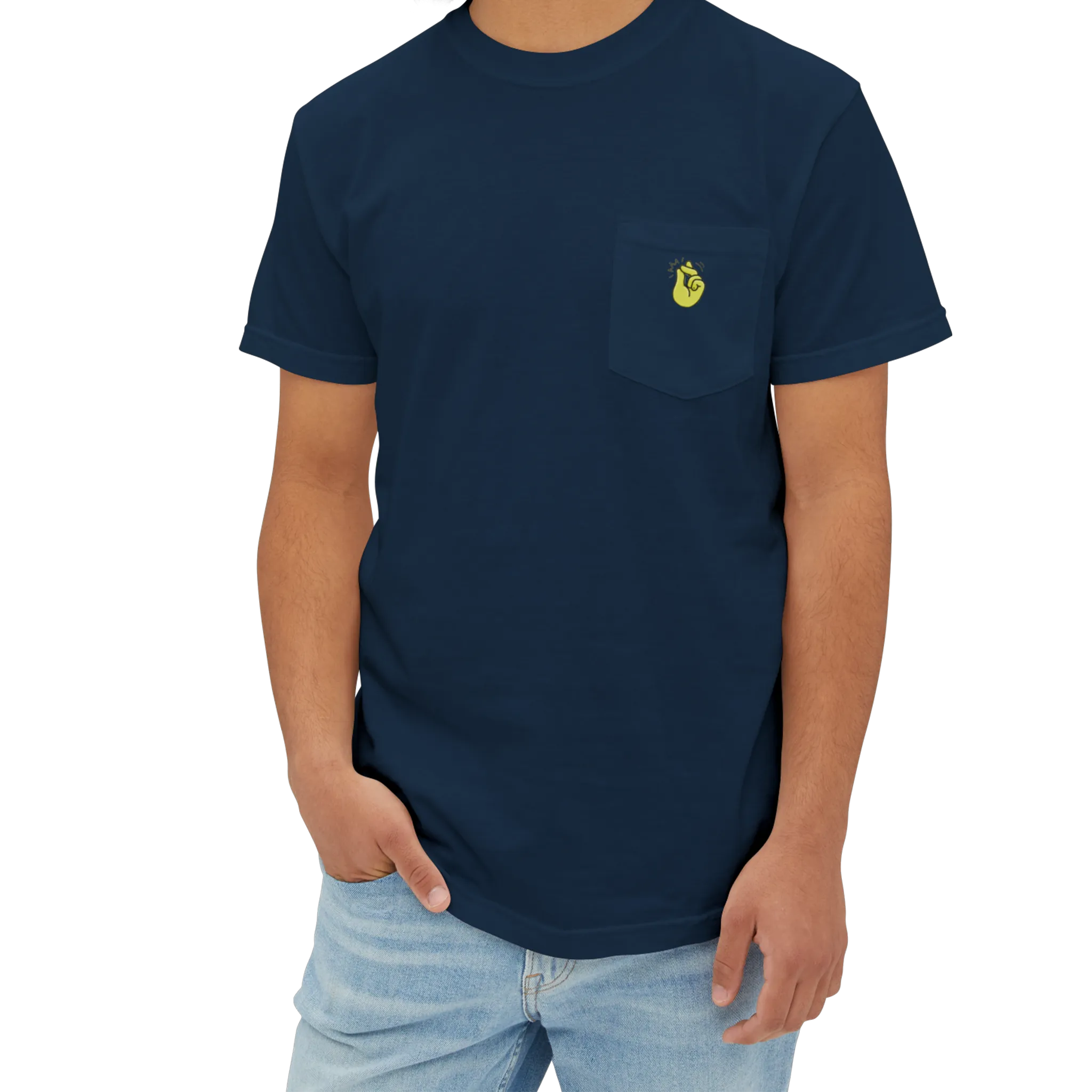 A person wearing the true navy clock it pocket t-shirt with a yellow 'Clock It' Motif on front left chest pocket.