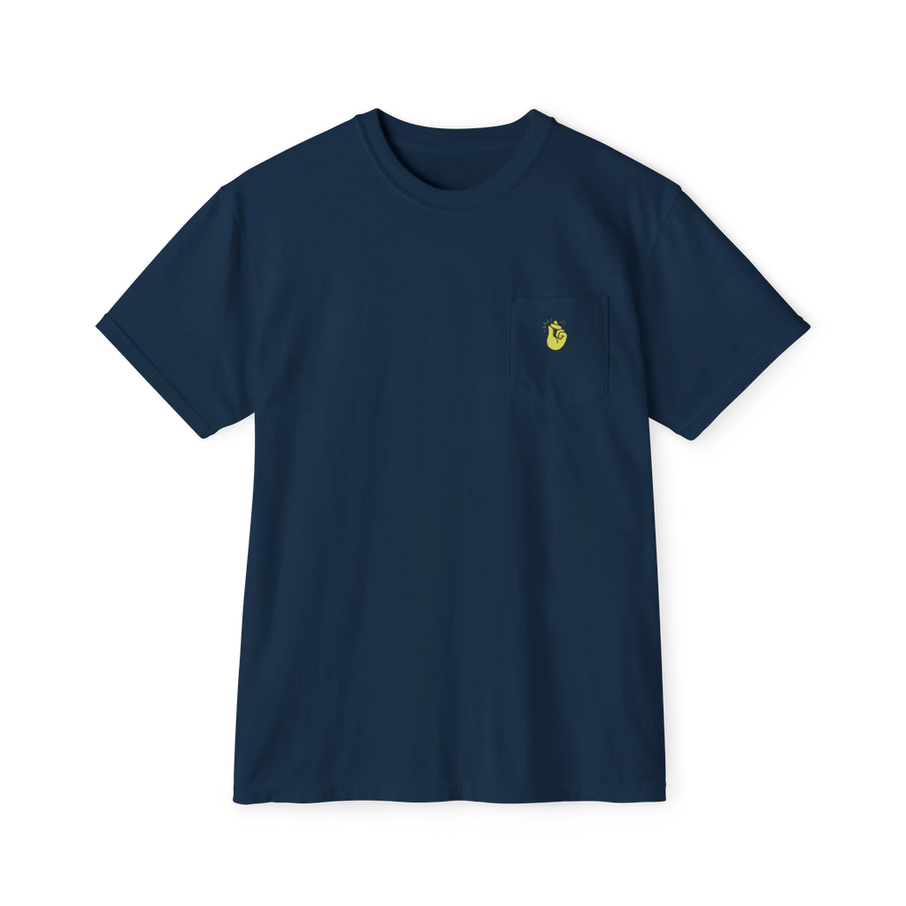 A front preview of the true navy clock it pocket t-shirt with a yellow Clock It Motif on front left chest pocket.
